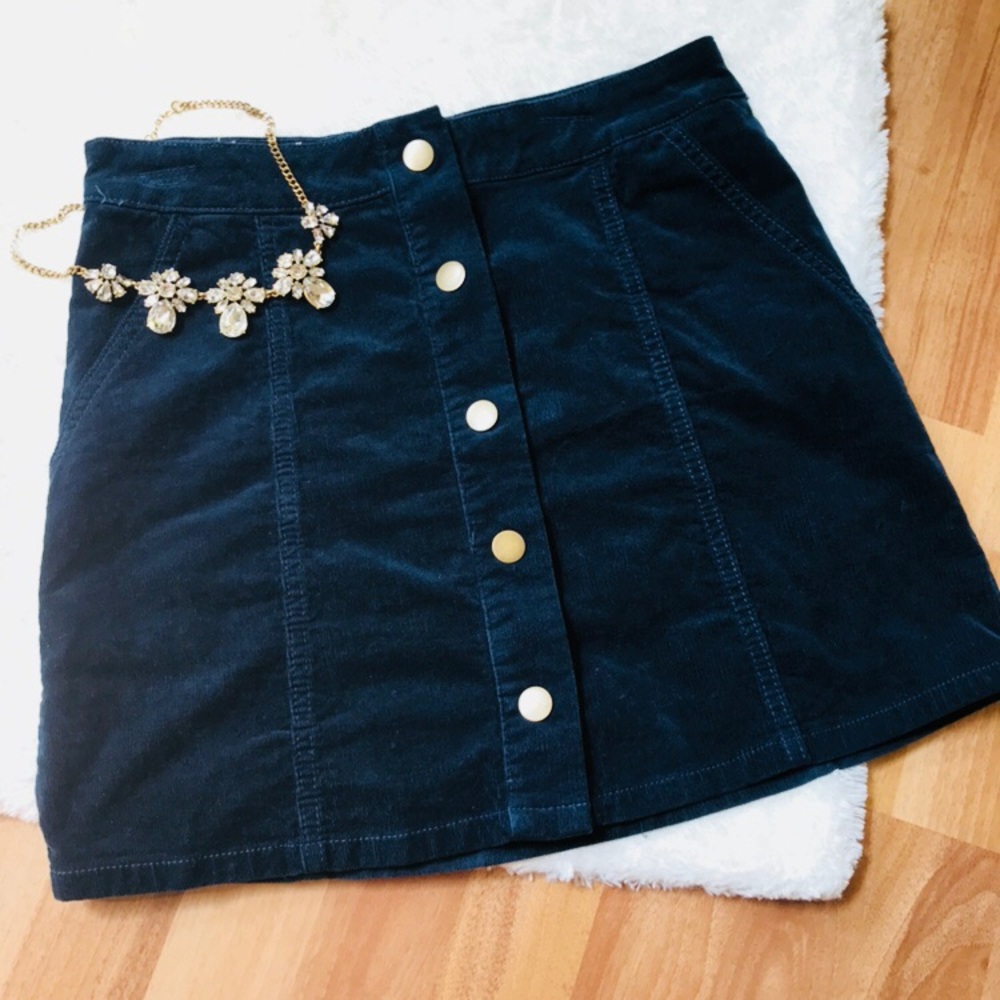 Navy corded front button skirt